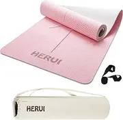 HERUI Yoga Mat with Alignment Lines - Anti-Slip TPE Exercise Mat for Yoga & Pilates - 183CM x 61CM x 6MM - Includes Carry Bag, Perfect for Beginners & All Levels