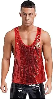 [Vxuxlje] Men's Shiny Sequin Low Crew Tank Top Glitter Sleeveless Vest Top Disco Dance Shirts