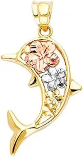 [JewelryWeb] 14ct Yellow Gold White Gold and Rose Gold Hawaiian Flower Dolphin Pendant Necklace