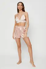 Pink Bralette Pyjamas Set Satin - Size L, Women's Tank Crop Set