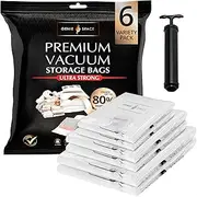 GENIE SPACE Storage Vacuum Bags - Variety Pack of 6 | 2 Extra Large, 2 Large & 2 Medium | Premium Strong, Airtight & Reusable Space Saving Bags For Clothes, Towels & Bedding | Includes Travel Pump