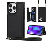Iphone 15 Pro Case, RFID Blocking Iphone 15 Pro Wallet Case With Wrist Strap-Black