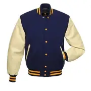 Cream Blue Varsity Jacket Wool & Real Leather sleeves Letterman Bomber College