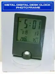 DESKTOP DIGITAL ALARM CLOCK, DATE DAY YEAR TEMP W/ BLUE BACKLIGHT & PHOTO FRAME