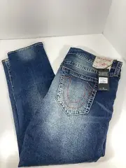 True Religion Geno No Flap Jeans Men 42X32 Blue Distressed Dark Relaxed Slim NWT