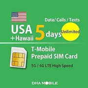 USA + Hawaii Prepaid SIM Card - 5 Days T-Mobile 3 in 1 (Standard/Micro/Nano) | US Local Phone Number | Unlimited 5G/4G/LTE Internet Data, Calls and Texts | no WiFi Router
