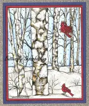 WINTER BIRCH TREES WITH CARDINAL Wood Mounted Rubber Stamp NORTHWOODS P10158 New