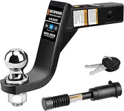 METOWARE Trailer Hitch Ball Mount with 2-Inch Ball, Fits 2-Inch Receiver, 7500lbs Capacity Ball Hitch, 6-Inch Drop, Hollow Shank with 5/8" Hitch Lock, Black