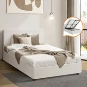 Oikiture Bed Frame Single Size Gas Lift Base With Storage White Boucle