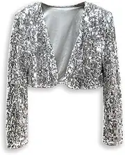 [Inzegao] Women Sequins Jackets Sparkly Open Front Crop Cardigan Glitter Cropped Bolero Blazer Top