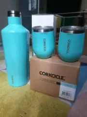 NEW Uline Corkcicle Canteen Set (1) 60 OZ (2) 12 OZ Glasses Turquoise color