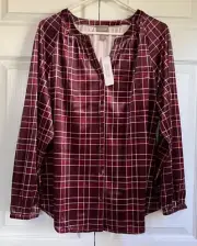 Chico's NWT Size 2 English Plaid Velvet L/S Shirt Blouse Top Plum Wine