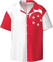 [HVTTIOR] Singapore Flag Print Short Sleeve Shirt Cuban Collar Beach Casual Style Summer Vacation Relaxed Fit
