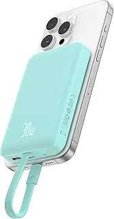 Baseus Magnetic Power Bank, 30W PD Fast Charging 10000mAh for Magsafe Battery Pack Built-in USB C Cable Power Bank for iPhone 15 Pro Max, iPhone 15/15 Plus/15 Pro, Galaxy, iPad (Peppermint Blue)