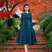 Puff-Sleeve Corduroy Contrast Collar Button-Up Midi A-Line Shirtdress Peacock Blue - L