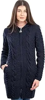 [SAOL] 100% Merino Wool Aran Cable Knit Hooded Zip Cardigan Irish Coat