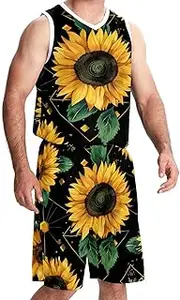 [KQNZT] Basketball Jerseys Shorts Sport Set, Custom Basketball Jersey, Athletic Shirts for Team Scrimmage, Sunflower Geometric Pattern Modern