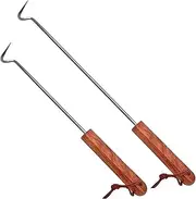 LQLMCOS 2Pcs Food Flipper Turner Hooks Stainless Steel BBQ Meat Hooks Cooking Barbecue Turners Hooks Grill Accessories with Wooden Handle for Grilling & Smoking (17.5 in+12.5 in)