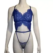 Victoria's Secret XL Strappy Lace Crotchless Open Back Teddy Blue