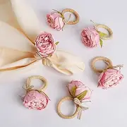 Handcraft Flower Napkin Rings Set of 6,Pink Peony Flower Handmade Napkin Holder Rings Table Decorations for Summer,Wedding,Luncheons,Picnics,Banquet, Birthday,Christmas,Valentine's, Thanksgiving