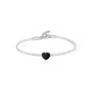Sterling Silver Wire Bracelet Bangle Heart with Onyx Inlay 7"