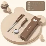 Stainless Steel Chopsticks / Fork / Spoon / Case / Set (Various Designs) Set Of 3 - Chopsticks & Spoon & Case - Bear - Coffee - One Size
