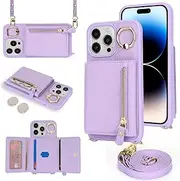 SunYoo for iPhone 14 Pro Crossbody Case with Card Holders Money Slots Zipper Coin Purse Rotatable Ring Kickstand Cover Wristlet Strap Lanyard Litchi Leather Wallet Flip Cover for iPhone 14Pro Purple