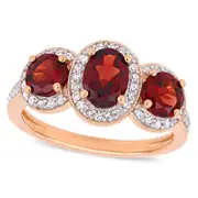 Oval Garnet and 0.25 CT. T.W. Natural Diamond Three Stone Frame Antique Vintage-Style Ring in Sterling Silver with Rose Rhodium