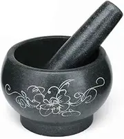 Large Mortar and Pestle Set, 100% Natural Granite with Polished Black Exterior Finish, 2 Cup Capacity, Black