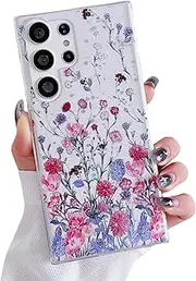 [CrazyLemon] for Samsung Galaxy S23 Ultra Case Clear Silicone Cute Girly Floral for Women Girls Transparent Anti Yellow Thin Slim TPU Rubber Shockproof Phone Case Cover for Samsung S23 Ultra (Flowers01)