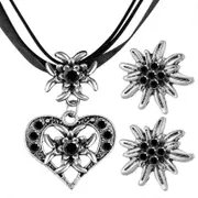 Edelweiss Necklace Earrings Set Heart Pendant Rhinestones Ribbon Rope Choker Traditonal Oktoberfest Party Jewelry Gift Black