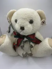 Heartline Ivory Jointed Teddy Bear Plush 13" with Red Green Christmas Bow Korea