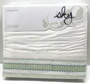 Sky Chevron Embroidered Flat Sheet Full Size 100% Cotton Sateen White 300 Thread