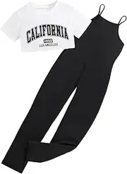 [Hilinker] Girls 2 Piece Outfit Graphic Short Sleeve Crop Top and Cami Jumpsuit Set
