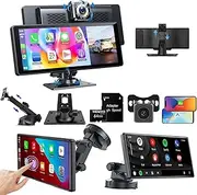 10.26" Touchscreen Wireless IOS CarPlay Android Auto Portable Screen Car Van Stereo 4K Front Rear Camera Dashcam Audio Receiver GPS Bluetooth FM AUX Voice Control 64GB (10.26" with Dual Cameras)