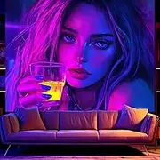 UV Blacklight Drinking Girl Tapestry, Anime Neon Wall Art for Bedroom or Studio, Glows Under UV Light, Polyester Fabric, Aesthetic Decor for Gamers & Streamers (Ultraviolet Mood, 150x200cm, Unframed)