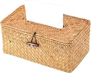 Rattan Woven Tissue Box Cover, Vintage Wicker Rectangular Tissue Holder, Decorative Seagrass Napkin Holder Pumping Paper Case Dispenser Facial Tissue Box for Bathroom, Bedroom, Shelves, Living Room