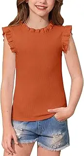[BesserBay] Girls Summer Flutter Sleeve Knit Ruffle Collar Shirts Slim Fit Casual Vertical Texture Tank Top 5-14 Years