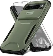 [Asuwish] Phone Case for Google Pixel 9 Pro XL with Tempered Glass Screen Protector and Slide Camera Cover Rugged Hybrid Shockproof Protective Cell Accessories Pixel9 9Pro 9ProXL Nine Men Army Green