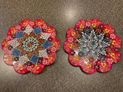 TWO Turkish Trivet Handmade Relief Ceramic Kitchen Hot Plate Garden Flowers NEW