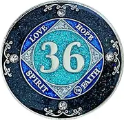 (Years 1-50) NA 36 Year Crystals and Glitter Medallion, Silver Color Plated Coin, Black Rainbow, Blue Glitter and Four Clear Crystals, Epoxy Covered (NA 36 Years Clean Time)