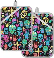 Pot Holders Heat Resistant Funny Colorful Doodle Skulls Skeletons Black Potholders with Pockets Hot Pot Holder Oven Mitts 2 Pack
