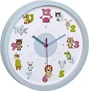 TFA Dostmann Kids Wall Clock Little, 60.3051.14, with Animal Motifs, time Teacher, Non Ticking Sweep Quartz meachnism, Light Blue, (L) 309 x (B) 44 x (H) 309 mm