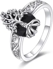 Black Tourmaline Ring Sterling Silver Black Crystal Tree of Life Rings Healing J