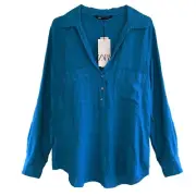 NWT ZARA Size L Cerulean Blue 100% Linen Roll Tab Collared Pockets Pullover Top