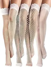 [Cozlly] 4 Pairs Women's Fishnet Stockings, Silicone Lace Thigh Stockings, Non-Slip Nylon Long Stockings, Sexy