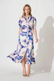 Trinity Maxi Shirt Dress Short Sleeve in Blue With Lilac Watercolour 8