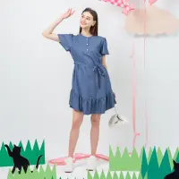 在飛比找momo購物網優惠-【MASTINA】小立領半開襟荷葉短袖洋裝(藍)