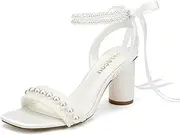 [PALSCOU] Block Heel Wedding Sandals Pearl Heels Wedding Shoes for Bride Open Toe Bridal Shoes