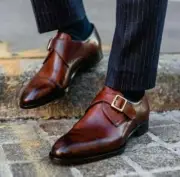 New Pure Handmade Men's Brown Shaded Leather Stylish Monk Strap Shoes For Men